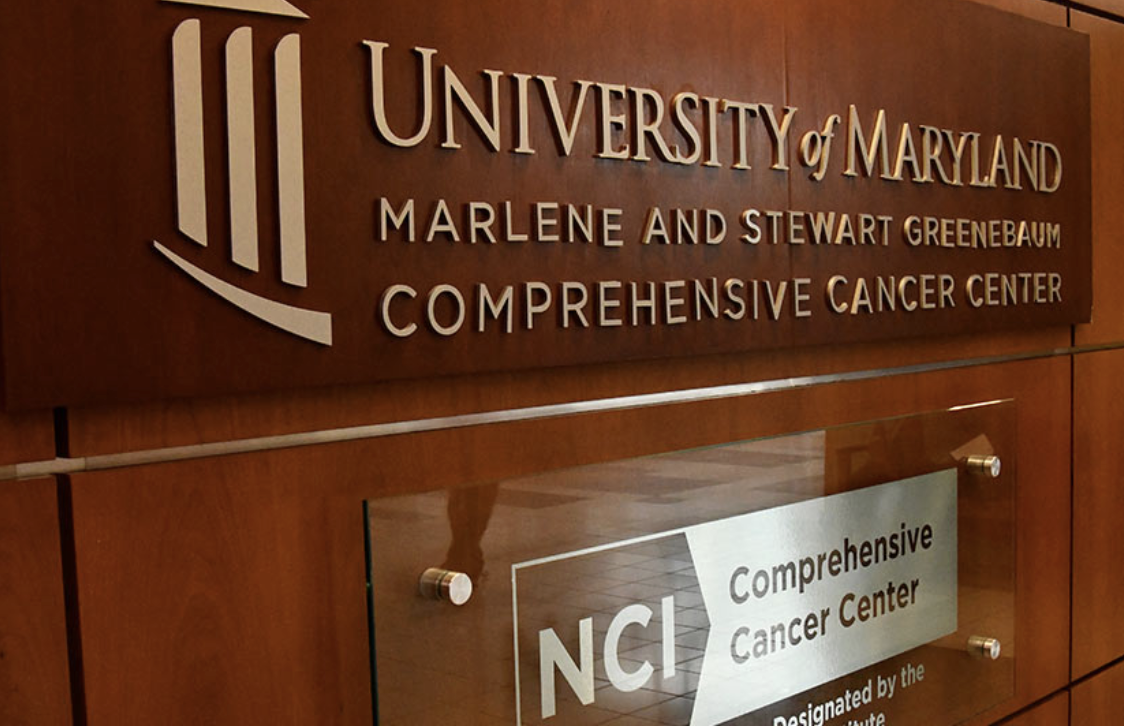 Sign indicates the University of Maryland Marlene and Stewart Greenebaum Comprehensive Cancer Center